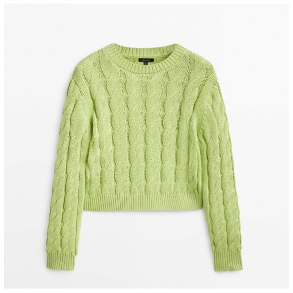 Massimo Dutti Cotton Cropped Cable Knit Chunky Sweater Lime Green Size L - Picture 1 of 5